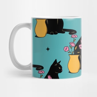 Playful Black Cat Pattern in blue Mug